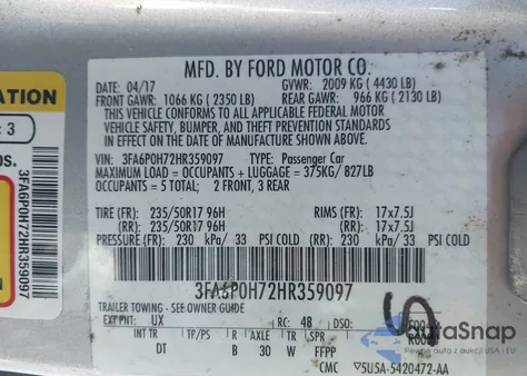 2017 Ford Fusion Se из США, поврежденный, VIN 3FA6P0H72HR359097